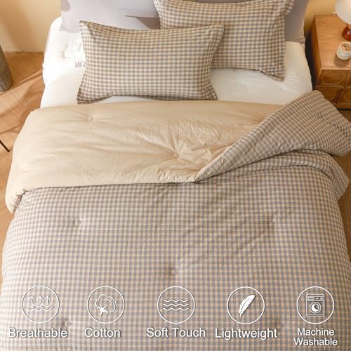 100% Cotton Comforter Set Queen Size – Reversible Yarn-Dyed Checkered Design, Soft Washed Cotton on Both Sides, Lightweight All-Season Bedding, Machine Washable(Beige Plaid, 90”x90”) - color: Beige, size: Queen(90"x90")
