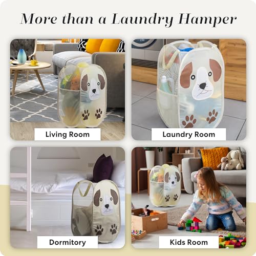 Pop Up Laundry Hamper, Cute Puppy Collapsible Mesh Basket 71L with Reinforced Handles and Side Pocket - Foldable Pop Up Hamper for Dorm, Travel, Kids Room - Handy Laundry (Puppy) - color: Puppy