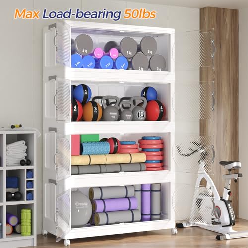 360QT Extra Large Stackable Storage Bins with Lid & Wheels & Doors, 90Gal Foldable Collapsible Closet Organizers, Plastic Cabinet Box Container Drawer for Home Kitchen Bedroom, 3Pack White - style: 3Pack