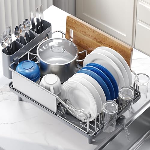 Urackify Stainless Steel Dish Drying Rack - Large Capacity Kitchen Counter Organizer with Drain Board, Utensil Holder & Detachable Cup Shelf, 304 Surgical-Grade Rust-Proof Dish Drainer, Easy Assembly - color: Gray