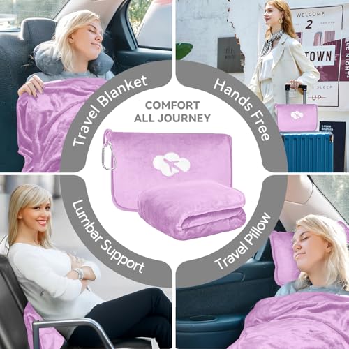 Travel Blanket and Pillow Compact, Premium Soft 2 in 1 Airplane Blanket with Soft Bag Pillowcase,Hand Luggage Sleeve and Backpack Clip (Solid Purple) - color: Solid Purple