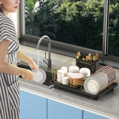 Buruis Dish Drying Rack for Kitchen Countertop, Large Capacity Gold Stainless Steel Dish Drainer with Anti-Slip Rubber Feet, Removable Drain Board and Utensil Holder (Black Tray) - color: Black Drainer