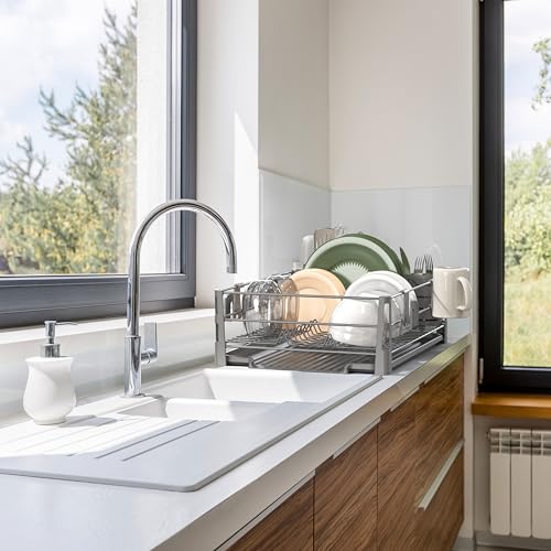 Simple Houseware Dish Drying Rack with Drainboard, Utensil Holder & Mug Hooks, Silver Metal Kitchen Counter Organizer - color: Silver