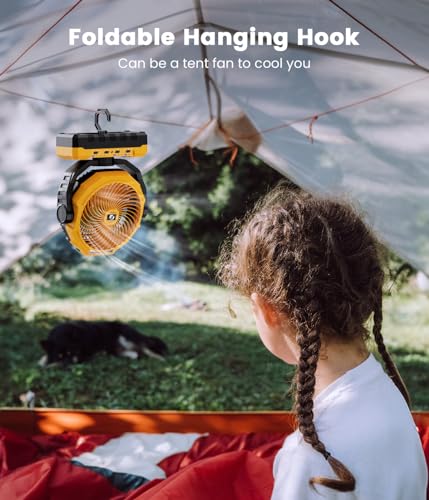 36000mAh Portable Camping Fan - 120HRS Rechargeable Fan with Detachable Battery with LED & Remote - 4 Speeds Battery Powered for Tent,Travel, Office, Jobsite - color: Yellow2