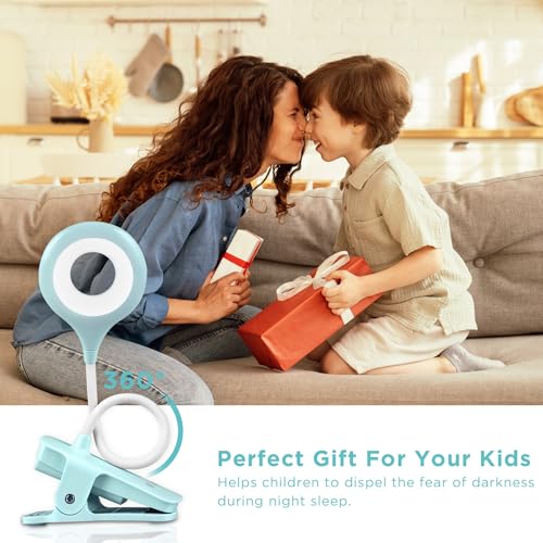 Akynite Desk Lamp LED Clip on Light, 5 Modes 5 Brightness Dimmable Clamp Light, Rechargeable Battery Flexible Clip on Reading Lamp for Bed Headboard Bunk Bed at Night for Kids (Blue) - color: Blue