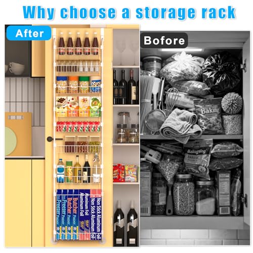 White Over the Door Pantry Organizer 8 Tier, Adjustable Basket Pantry Door Organizer and Storage, Heavy Duty Metal Kitchen Hanging Spice Rack (D5xW19xH50 Inches)