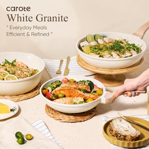 CAROTE 14 Pcs Pots and Pans Set Nonstick,Cookware Set Kitchen Cooking Set with Utensil and Pan Protectors - color: Cream White, size: 14 Piece