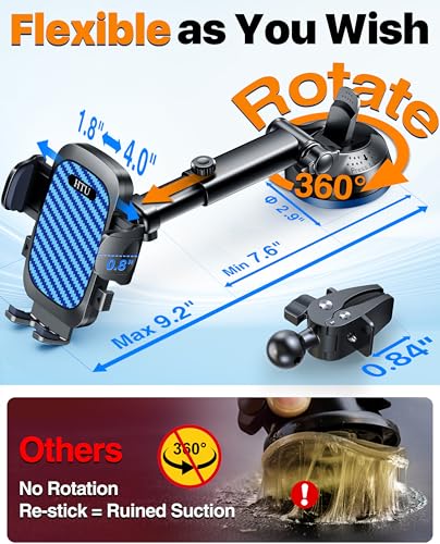 HTU 2026 Ultimate Best【True Military-Grade & Safety Cert】Car Phone Holder【Upgraded 360 Rotation & 100+LBS Strongest Suction】5-in-1 Truck Windshield Dashboard Vent Mount Stand for iPhone Android, Blue - color: Blue