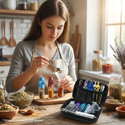 Portable Spice Dispenser, 15 Pack Camping Seasoning Container Kit, Travel Spice Container Set with Metal Bottles, Spoons, Funnels, Brush and Case for Camping, BBQ, Hiking and Picnic Cooking