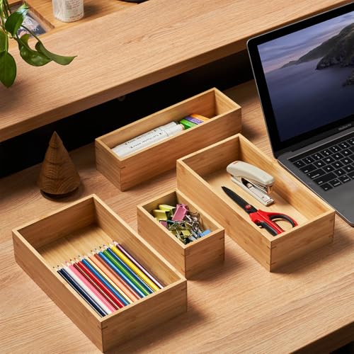 Umilife Bamboo Kitchen Utensils Organizer, Extra High Silverware Drawer Tray, Flatware Cutlery Storage Box, Multi-Use Holder in Office, Bathroom, Pantry - 15"x6"x2.5" (Set of 2) - size: 15 x 6 x 2.5" (Standard, Set of 2)