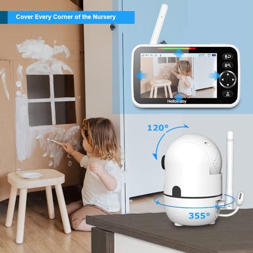 HelloBaby 5" Screen Baby Monitor with 4 Cameras - No WiFi HB6550 Video Baby Monitor, Pan-Tilt-Zoom, 26 Hour Battery, ECO, Night Vision, Temperature Sensor & 2-Way Audio, 8 Lullabies, 1000ft Long Range - size: 4 Cams-HB6550