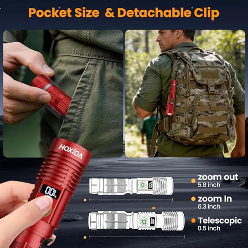 Hoxida Rechargeable Flashlights 2 Pack, 6 Modes Zoomable Powerful Tactical Linternas with LCD Digital Display, Super Bright High Lumens Handheld Magnetic Flashlights for Home Emergencies Camping - color: Red