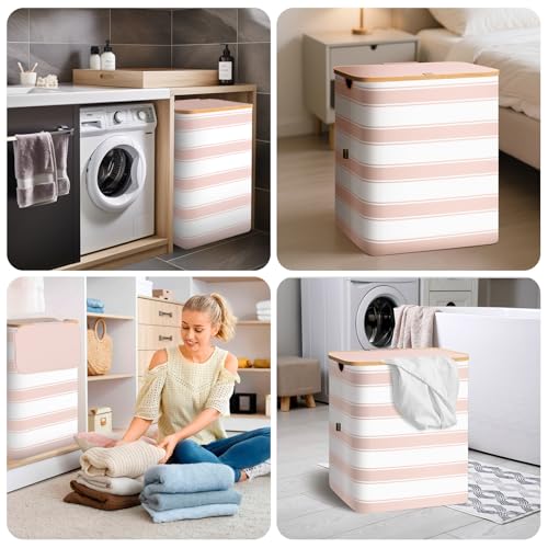 BALEINE Laundry Hamper with Lid, Tall Laundry Baskets with Bamboo Pull Handles, Large Laundry Bin with Internal Support (26 Gal/100L, Pink Stripe) - color: Pink Stripe, size: 100 liters