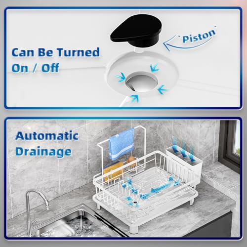 Dish Drying Rack, Stainless Steel-Dish Rack, Dish Racks for Kitchen Counter, Kitchen Dish Drainers with Removable Utensil Holder,New drain outlet,Plate Rack and Drainboard,(white 2 with Sponge Rack) - color: White 2