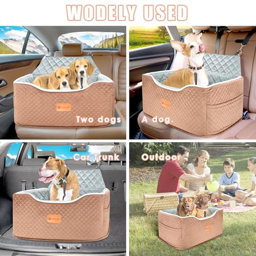 AlfaTok Memory Foam Booster Dog Car Seat Medium Dogs, Elevated Pet Car Seat Under 45 LBS, Detachable Washable, Anti-Slip Dog Booster Seat for Car Back Seat Only, Travel Dog Car Bed, Dog Seat Belt - color: Brown