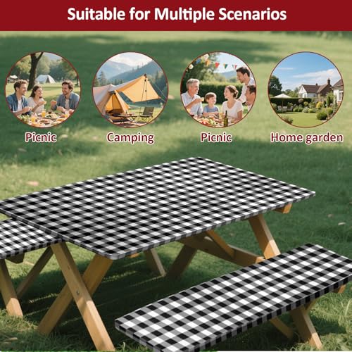 6ft Picnic Table and Bench Cover, Camping Essentials RV Gear, 72in Waterproof Windproof Outdoor Elastic All Around Tablecloth, Fitted Rectangle Tables and Seats, Black-White Checkered - color: Black-white Checkered, size: 72"