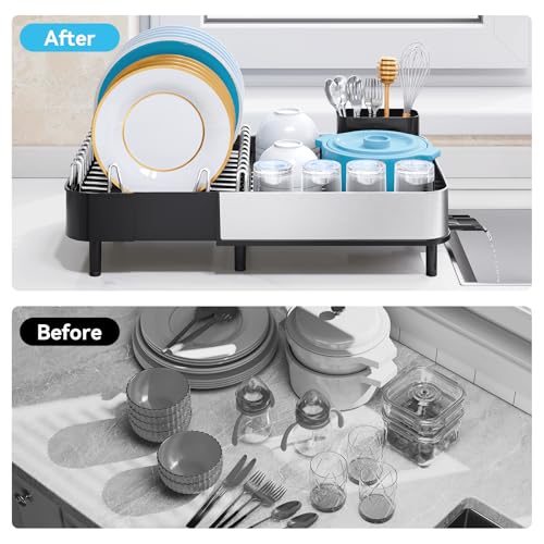 Urackify Dish Drying Rack - Dish Drainer for Kitchen Counter, Stainless Steel Dish Rack with Swivel Draining Spout & Drain Board, Expandable Space-Saving Kitchen Dish Organizer for 3-4 People, Black - color: Black