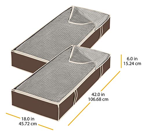 Whitmor Under Bed Storage Bags 2 Pack, Zippered Underbed Storage Containers with Clear Window and Handles, Foldable Clothes Blanket Storage Organizer, 18 x 42 x 6 Inches, Java