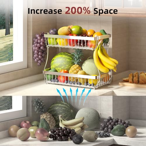 Sevenblue 2 Tier Large Fruit Basket for Kitchen Counter with 2 Mobile Banana Hangers, 2026 Pro Detachable Metal Fruit Bowl with Wooden Handle (Silver, 2 Tier) - color: Silver, size: 2 Tier Standard