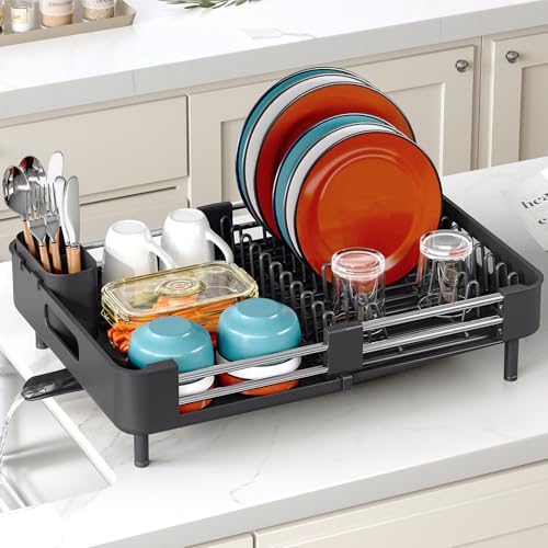 TOOLF Dish Drying Rack Expandable Drainer w/Cutlery & Cup Holder, Black | Stainless Steel &PP, Extenable 12.6" to 18.7"D, Anti-Rust, Auto-Drainage, Space-Saving, Fit for Various Sink Countertops - color: Black