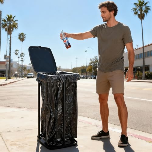 Portable Trash Bag Holder Collapsible Garbage Bin with Lid and Bands, Expandable Indoor Outdoor Trash Can Holder Stand for RV Camping Kitchen, Black