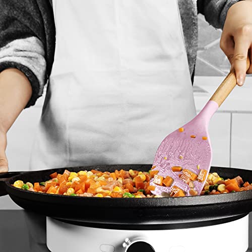 oannao Silicone Kitchen Utensils Set - 446°F Heat Resistant Cooking Utensil Sets, Spatula,Turner,Tongs,Spoon,Whisk, Wooden Handle Silicone Kitchen Gadgets Tools for Non-Stick Cookware BPA Free (Pink) - color: Pink