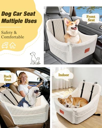 WOOAIDAGG Dog Car Seat for Medium Sized Dog,Pet Travel Car Bed with Seat Belt Channle,Fully Detachable and Washable Car Dog Seat with Adjustable Straps,3 Straps Easy to Install (Beige) - color: Beige