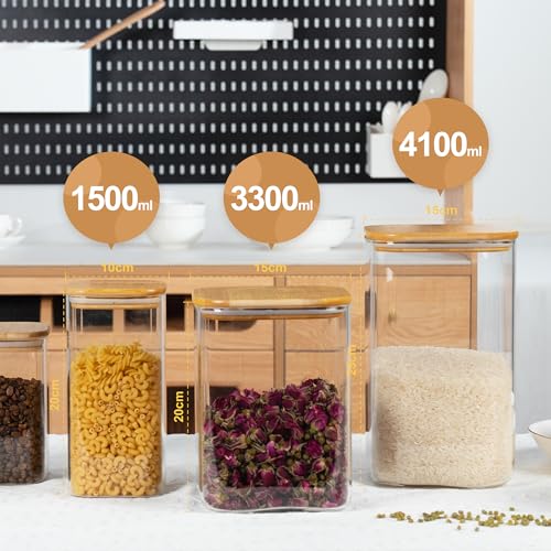 D2scrma 149oz 50oz Airtight Glass Square Storage Canister with Bamboo Lid Set of 2(4400ml*1 1500ml*1) Large Gallon Glass Jars for Sugar, Flour, Cookies and Coffee beans (with Black Lable) - size: 149oz*1/50oz*1