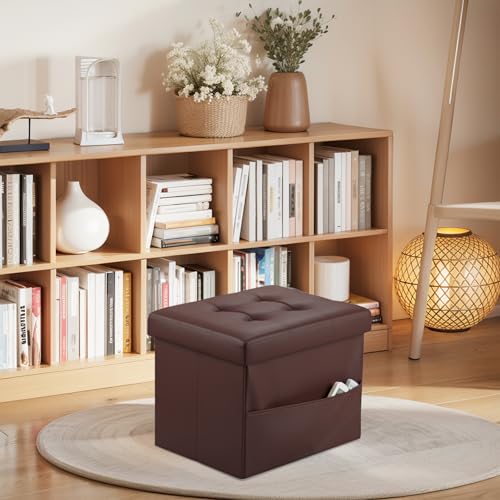 Bsketa Storage Ottoman Foot Rest Stool, Small Leather Storage Ottomans Bench, Folding Footstool with Side Pockets, Foot Rest Under Desk for Living Room Bedroom, 17x13x13 in, Brown - color: Brown-with Side Pockets.