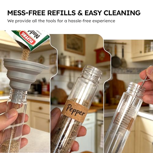 Portable Travel Camping Spice Kit, 12 Jars with EVA Bag, Funnel & Brush | 6 Mini Salt & Pepper Shakers, 6 Squeeze Bottles, Picnic Prep, Outdoor Travel Cooking, Compact carry