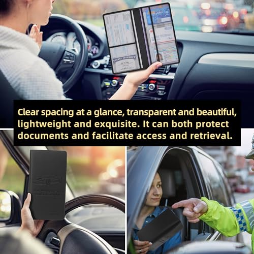Premium Car Registration & Insurance Card Holder with Magnetic Closure & Clear Pockets, Glove Box Organizer for Documents, Driver's License (Black)