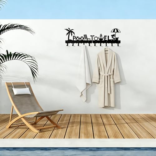 Large Pool Towel Rack (32 Inch), Outdoor Towel Rack for Pool, Wall Mounted Towel Holder Towel Hanger with 10 Hooks, Carbon Steel Towel Organizer Pool Signs and Decor for Bathrobes, Towels, Clothes