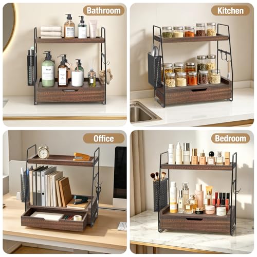 2-Tier Bathroom Counter Organizer with Drawer and Removable Basket, Wood Vanity Countertop Storage for Perfume, Makeup, Skincare, Bathroom Counter Shelf, 13" x 7.9" x 14.5", Dark Brown - color: Dark Brown