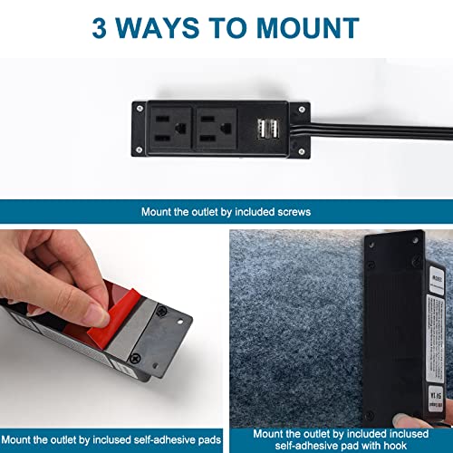 Litever Gun Safe Power Outlet Strip with 2 USB Ports. 10 FT Flat AC Cable with Removable 3-Prong Plugs. Outlet Accessory for Gun Safe, Cabinets, Closet, Drawer. Black. Certified