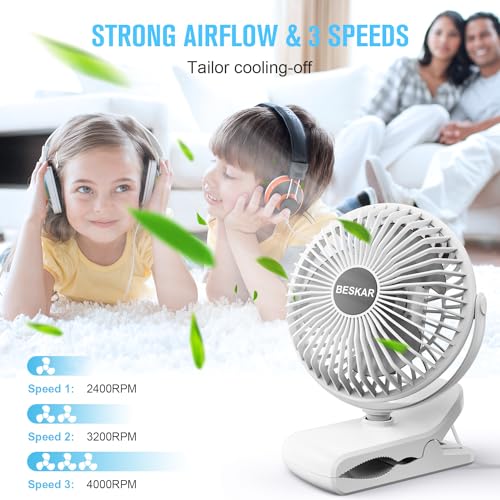 BESKAR Clip on Fan, 360° Rotation Quiet Stroller Fans with Strong Airflow,3 Speeds, Portable Small Fans with Sturdy Clamp,Perfect Personal Cooling Fan for Office Table Bedroom Kitchen - color: White