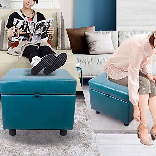 H&B Luxuries Tufted Leather Square Flip Top Storage Ottoman Cube Foot Rest (Blue with Storage) - color: Blue With Storage