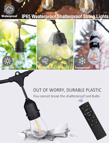 Remote Control Outdoor String Lights 200FT for Outside Patio Lights Waterproof with 63 Replaceable S14 Bulbs for Bistro Pergola Porch Backyard Dimmable, 2200K, Linkable, Hooks, Zip Ties included - size: 200 feet(Remote)
