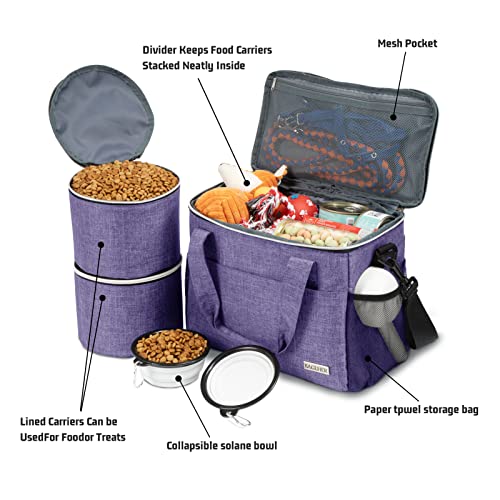 BAGLHER Dog Travel Bag Backpack Pet Supplies Backpack 5-Piece Set with Shoulder Strap 2 Lined Pet Food Containers 2 Foldable Feeding Bowls Essential Kit for Pet Travel - color: Purple, size: Medium