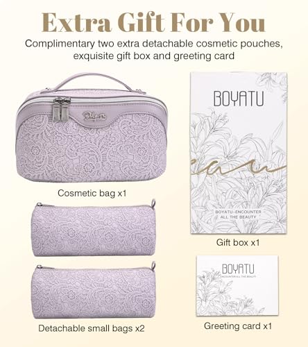 BOYATU Travel Makeup Bags Cosmetic Organizer Bag: 3-Set Large Capacity Make up Bag - PU Leather Toiletry Bags for Women - Wide Open Portable Pouch with Divider & Handle (A-Violet) - color: A-Violet