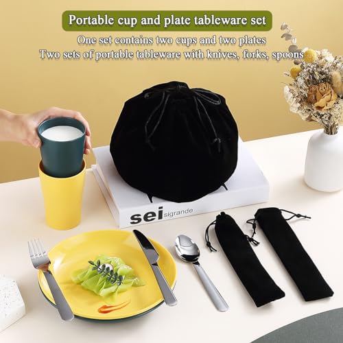 Evanda Camping Cutlery Set, Reusable Light Weight Mug, Plate and Stainless Steel Cutlery Set with Black Bag, Dishwasher Safe - color: 2.2 Person