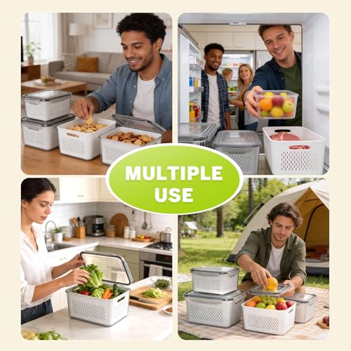 HOMETALL 8 Pack Fruit Storage Containers for Fridge, Produce Containers for Fridge with Colander, Leakproof Fridge Organizers and Storage for Berry Vegetable Salad Lettuce Meat Food - size: 8 Pack