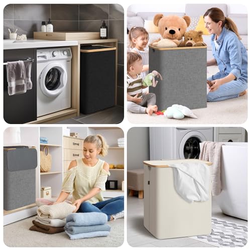 BALEINE Laundry Hamper with Lid, Tall Laundry Baskets with Bamboo Pull Handles, Large Laundry Bin with Internal Support (26Gal/100L, Carbon Black) - color: Carbon Black, size: 100 liters