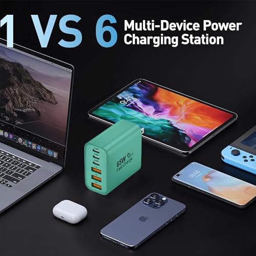 65W USB C Charger Block,6-Port Multi Device Fast Charger PD QC Wall Adapter | GaN technology saves space and reduces heat,ideal for home,office,travel,wide compatibility for iphone and USBC devices(Green - color: Green
