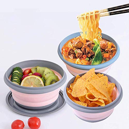 3 PCs Food Grade Silicone Collapsible Bowl Lunch Box - Expandable Food Storage Containers Set -Silicone Salad Bowl with Lid Portable (Pink) - color: Pink