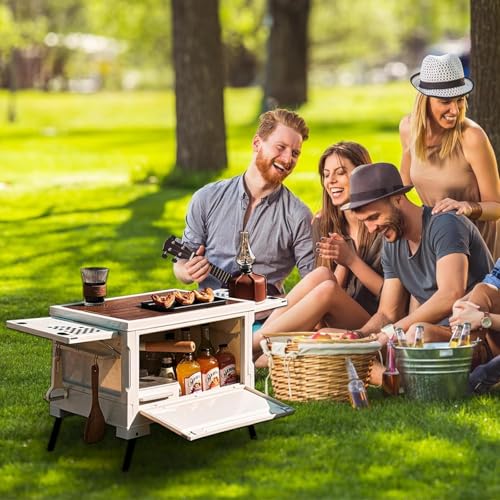 Folding Camping Storage Box with Wooden Table Board, Multi-Functional Collapsible Camp Kitchen Box, 55L Storage Bin for Trunk Organizer for Outdoor Picnic, Car RV and Organization