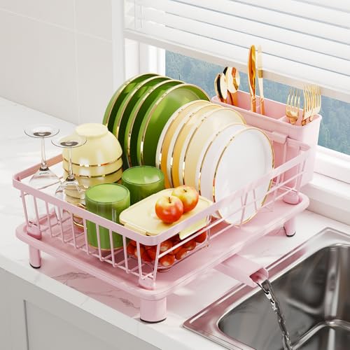 Dish Drainer Rack with Drip Tray, Sink Dish Drainer with Drainage Spout, Stainless Steel Dish Drying Rack with Cups, Utensil & Cutting Board Holders for Kitchen Counter Space-Saving, Pink - color: Pink