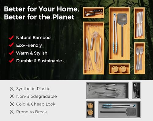 Bamboo Kitchen Drawer Organizer Boxes – 12" x 6" Stackable Wood Silverware Utensil Tray for Drawers Bins, Cutlery & Flatware Storage – Wooden Organizers Set of 2 for Junk Drawer, Bathroom, RV - size: 12" x 6" x 2"