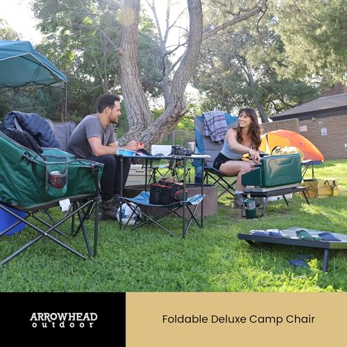 ARROWHEAD OUTDOOR 2-Pack Portable Deluxe Folding Camp Quad Chair w/Headrest, Glass & Cup Holders, Armest 6-can Cooler, Heavy Duty Carry Bag, 550 lbs Weight Capacity - color: Green 2pack