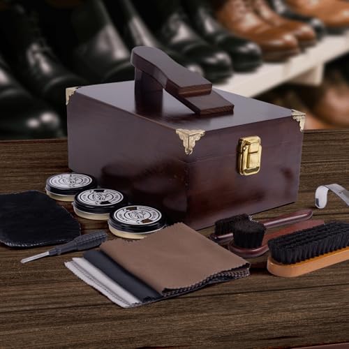 10 Pcs Deluxe Shoe Shine Box Set & Shoe Care Polish Kit with Foot Rest, Wooden Care Tools Storage Box Perfect for Multi- Leather Shoes