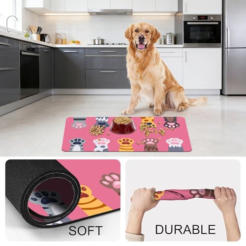 Cat Food Mat Pet Feeding Mat Paw 12" X 20" Non-Slip Super Absorbent, Dog Food Mat Pet Supplies for Floor (Pink) - color: Pink